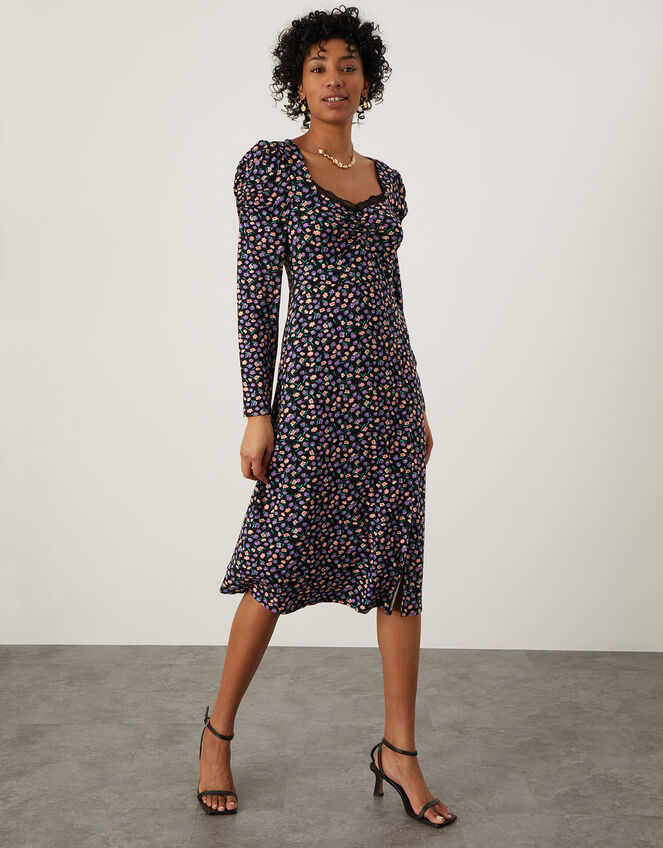 Ditsy Lace Trim Jersey Dress, Black (BLACK), large