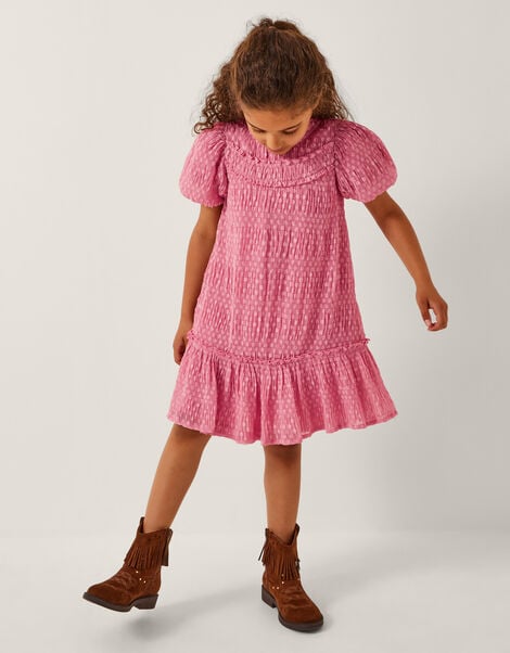 Polka Dot Textured Puff Sleeve Dress, Pink (PINK), large