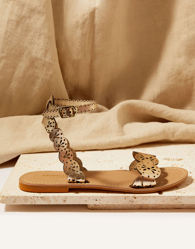 Leather Laser Cut Sandals, Gold (GOLD), large