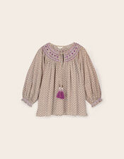 East Alina Floral Printed Smocking Top, Brown (BROWN), large