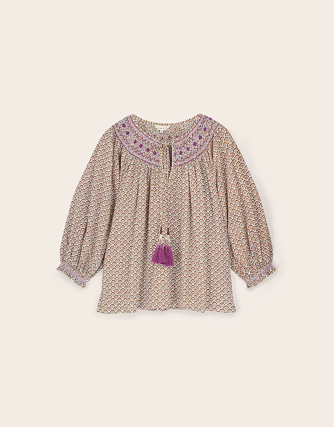 East Alina Floral Printed Smocking Top, Brown (BROWN), large