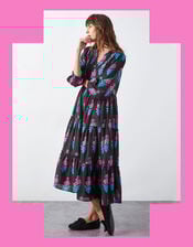 East Helena Woodblock Print Midi Dress, Black (BLACK), large