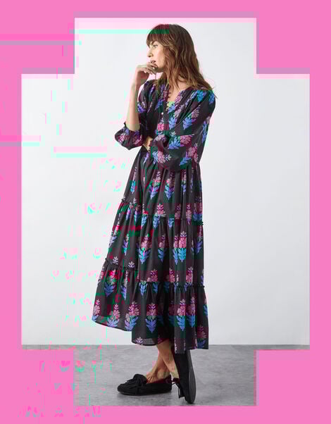 East Helena Woodblock Print Midi Dress, Black (BLACK), large