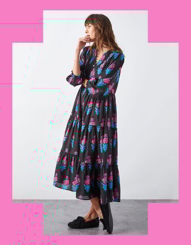 East Helena Woodblock Print Midi Dress, Black (BLACK), large