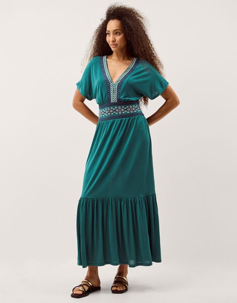 Jacqui Embroidered Jersey Midi Dress, Teal (TEAL), large