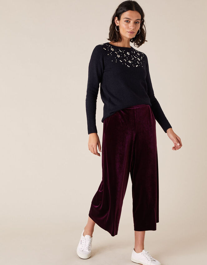 Floral Crystal Yoke Knit Jumper, Blue (NAVY), large