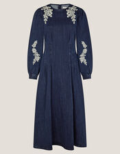 Eileen Embroidered Denim Midi Dress, Blue (INDIGO), large