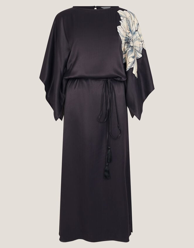 Emilia Floral Satin Kimono Dress, Black (BLACK), large