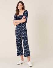 Floss Printed Jumpsuit with Organic Cotton, Blue (NAVY), large