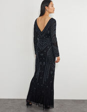 Lorelai Beaded Long Sleeve Maxi Dress, Black (BLACK), large