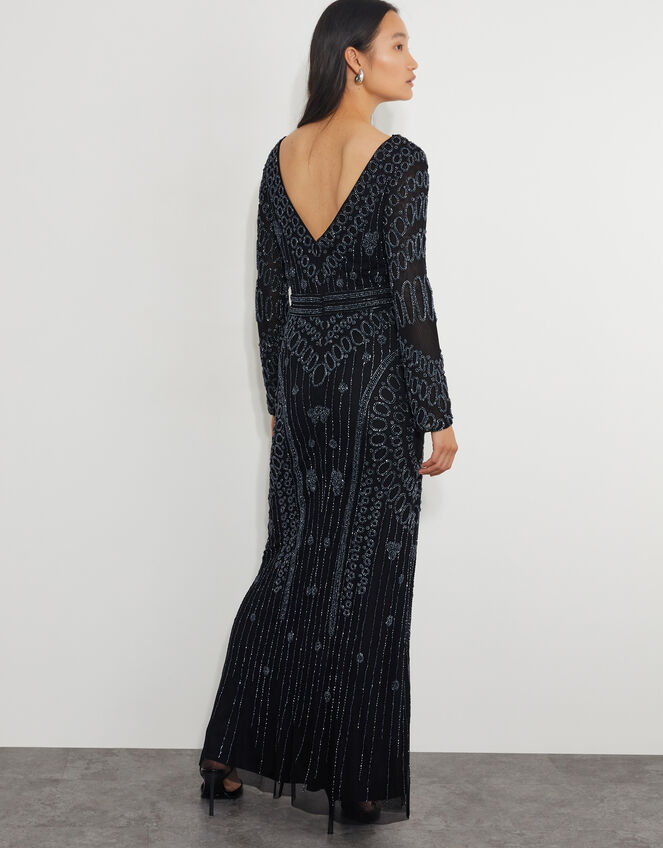 Lorelai Beaded Long Sleeve Maxi Dress, Black (BLACK), large