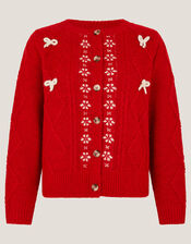 Evie Bow Cable Knit Cardigan, Red (RED), large