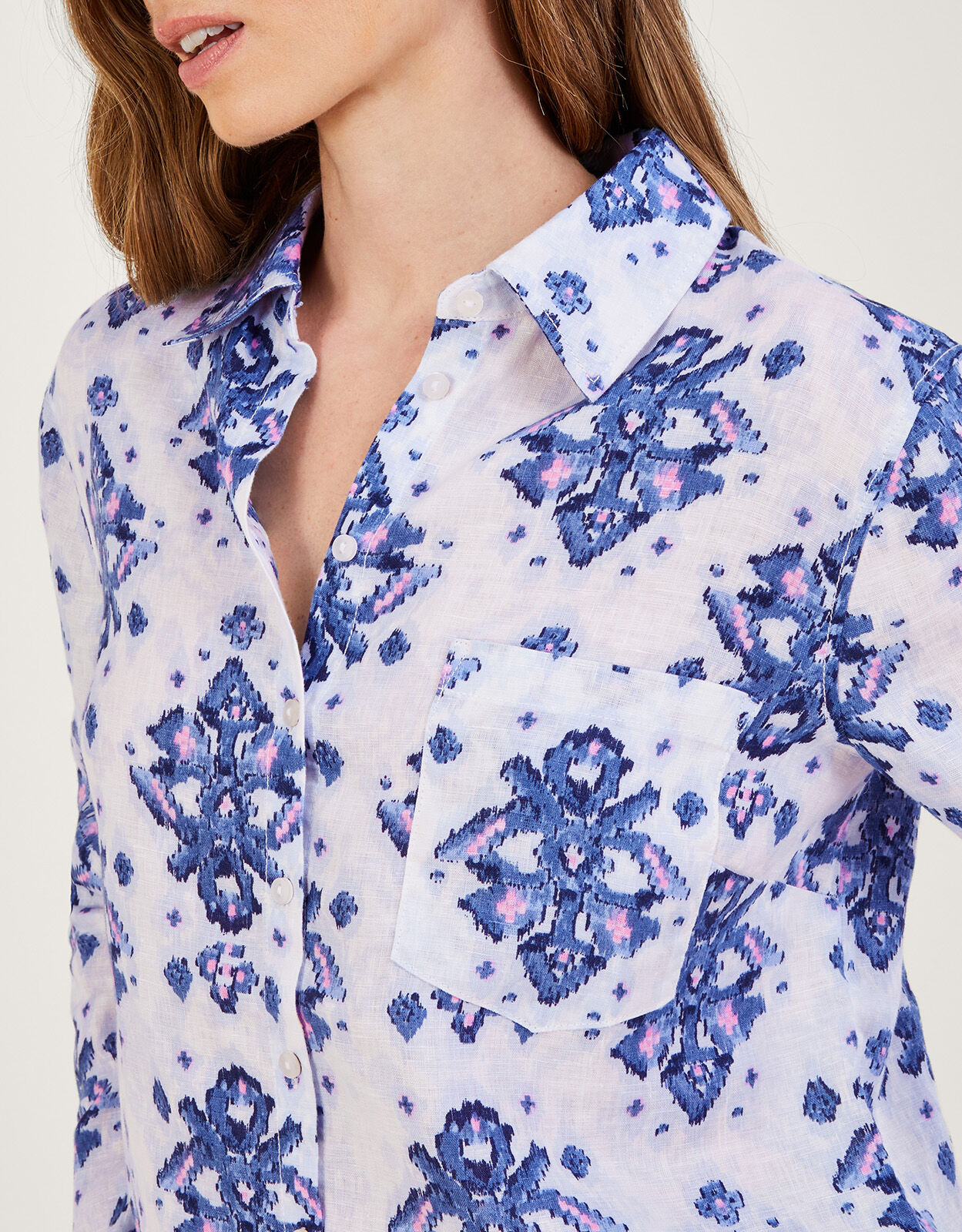 Laurie Ikat Button Through Linen Shirt Blue