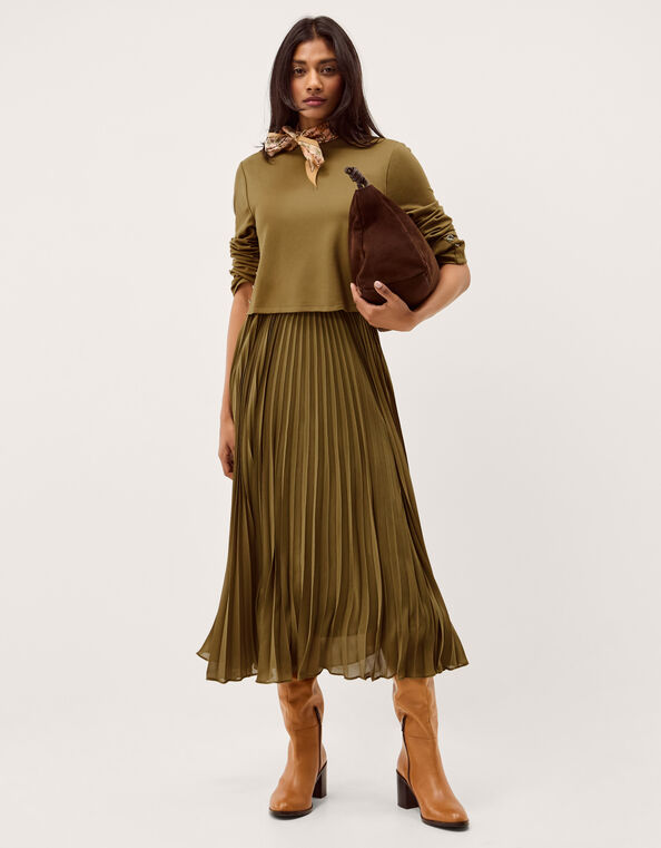 Penny Pleated Midi Dress, Green (OLIVE), large