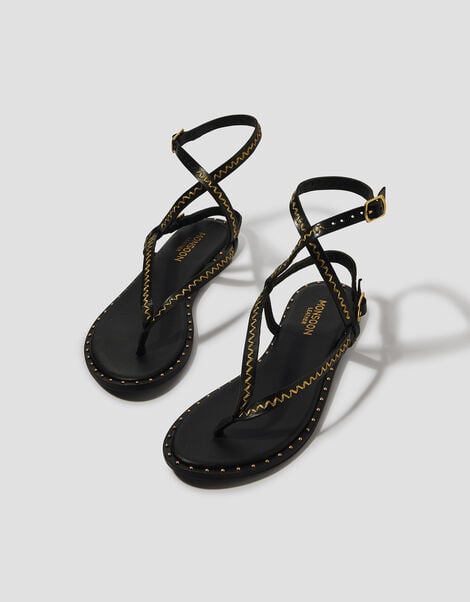 Cleo Stud Leather Strappy Flip Flop Sandals, Black (BLACK), large