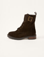 Suzie Suede Buckle Biker Boots, Brown (CHOCOLATE), large