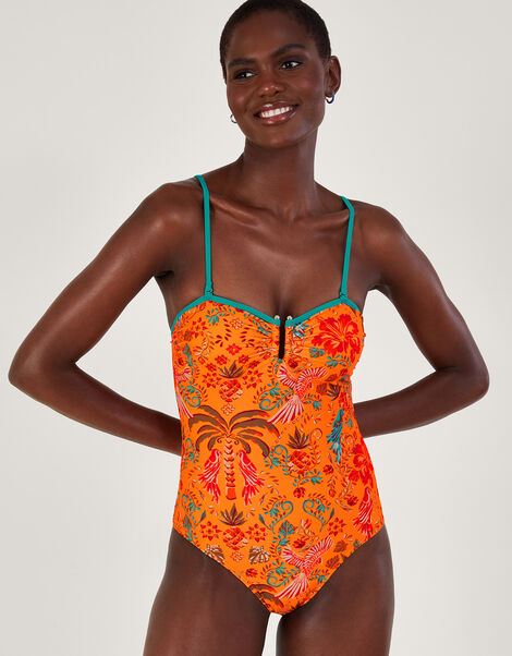 Palm Print Swimsuit in Recycled Polyester, Orange (ORANGE), large