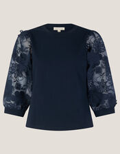 Fi Sheer Floral Appliqué Top, Blue (NAVY), large
