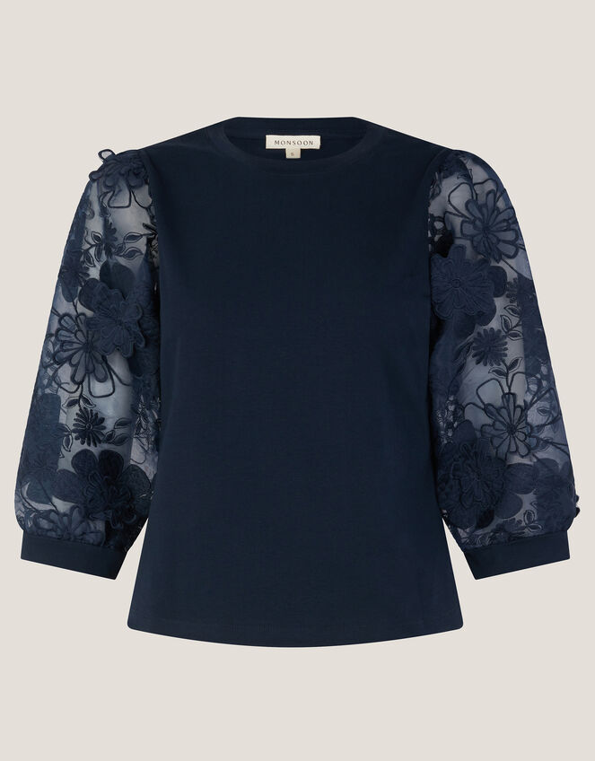 Fi Sheer Floral Appliqué Top, Blue (NAVY), large