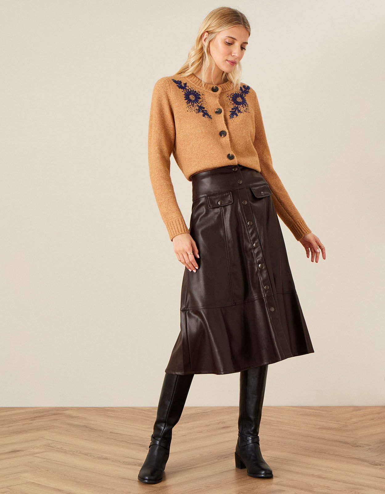 Brown real store leather midi skirt