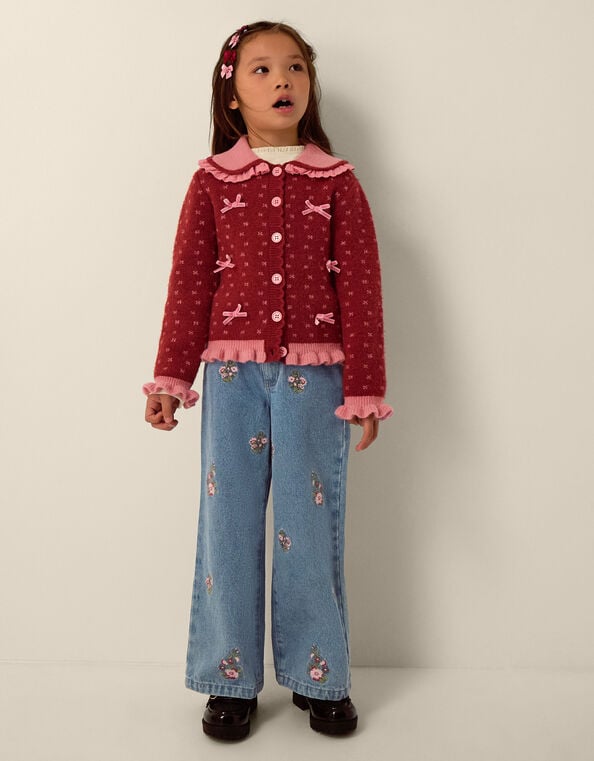 Frill Collar Bow Cardigan, Red (BURGUNDY), large