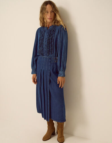 Kitty Denim Kilt Midi Skirt, Blue (INDIGO), large