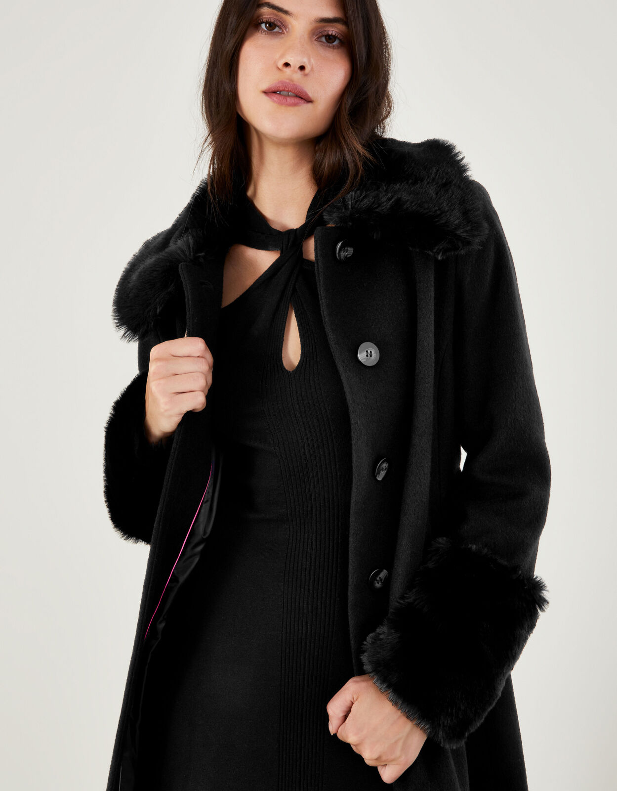 Black fur trim coat deals
