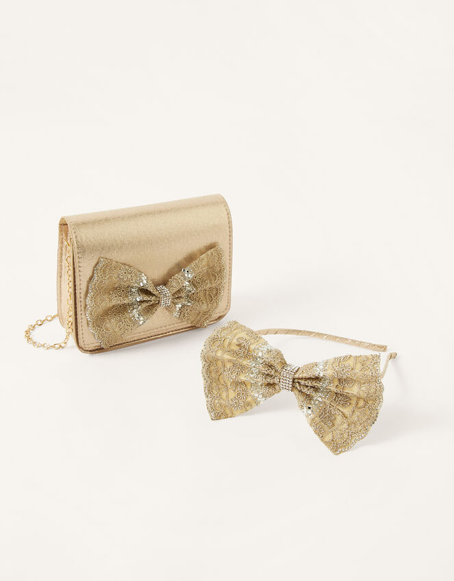 Dawn Lace Diamante Bag and Headband Set, , large