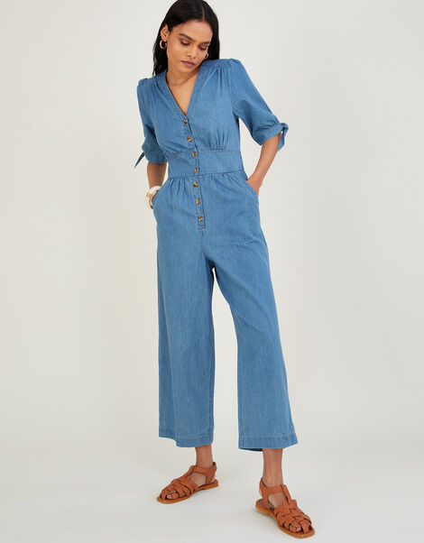 Denim Dolly Crop Jumpsuit in Sustainable Cotton Blue, Blue (BLUE), large