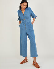 Denim Dolly Crop Jumpsuit in Sustainable Cotton, Blue (BLUE), large