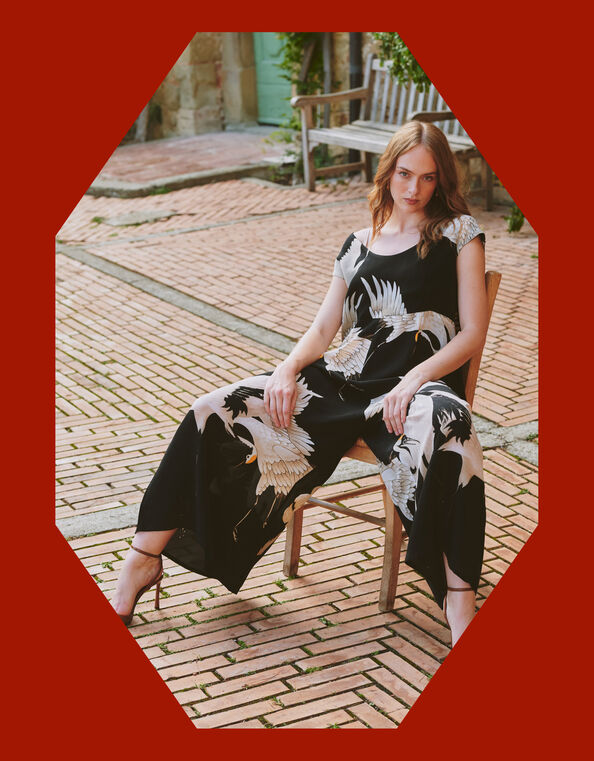 One Hundred Stars Stork Print Wide Leg Jumpsuit, , large