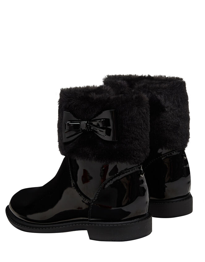 Fluffy Trim Patent Ankle Boots, Black (BLACK), large