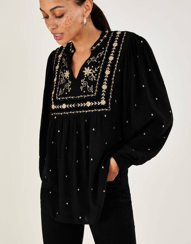 Edwina Embroidered Top in Sustainable Viscose, Black (BLACK), large