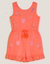 Sea Life Embroidered Jersey Playsuit, Orange (ORANGE), large
