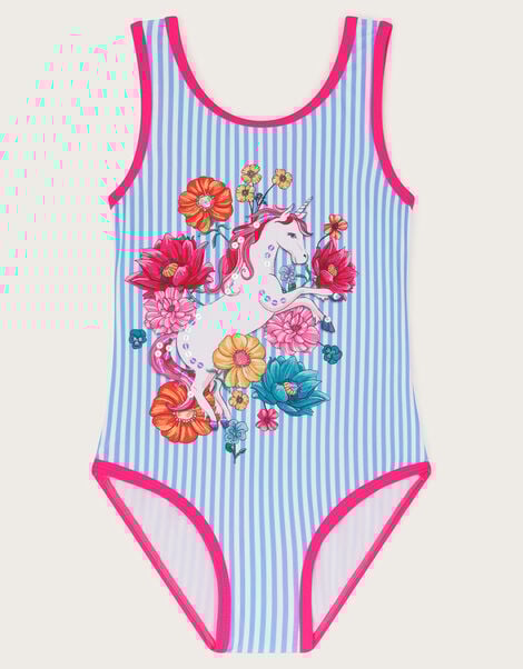 Unicorn Stripe Print Swimsuit, Blue (BLUE), large