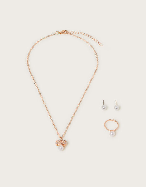 Pearl Bow Pendant Jewellery Set, Gold (ROSE GOLD), large