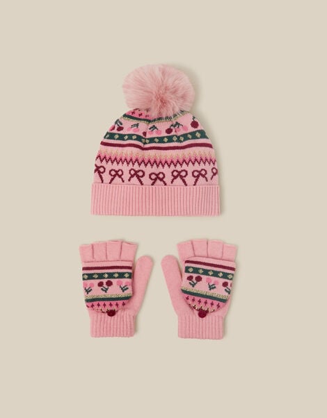 Cherry Fair Isle Bobble Hat & Gloves Set, Multi (MULTI), large