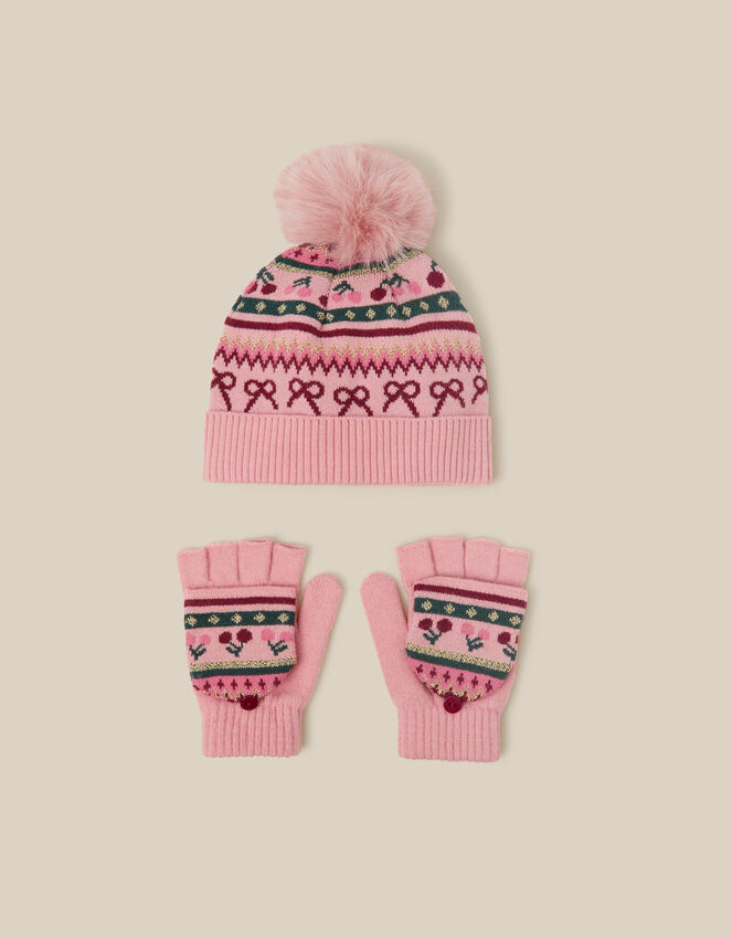 Cherry Fair Isle Bobble Hat & Gloves Set, Multi (MULTI), large