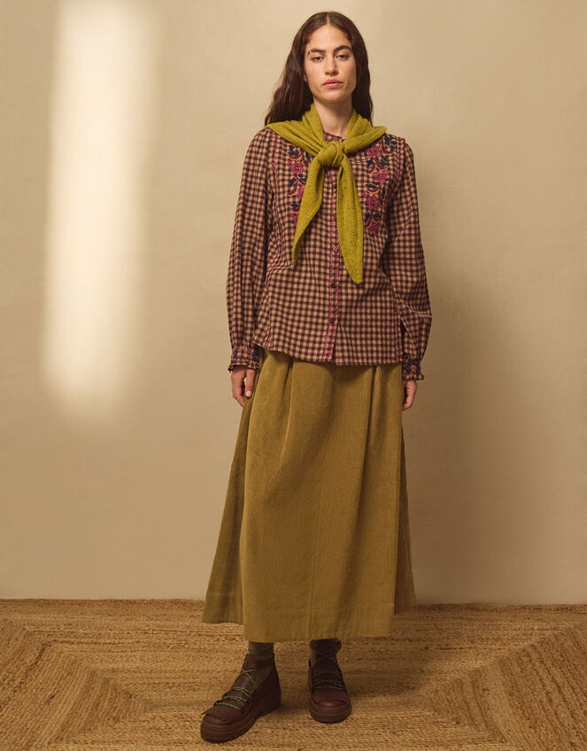 East Heema Cross Stitch Corduroy Midi Skirt, Green (OLIVE), large