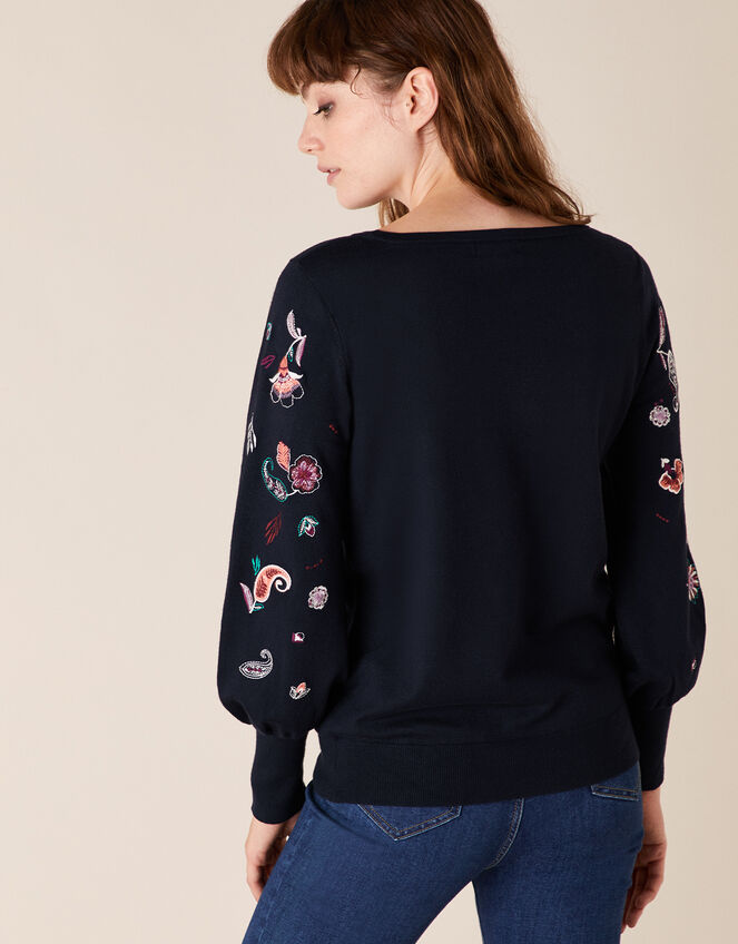 Paisley Embroidered Jumper with Sustainable Viscose, Blue (NAVY), large