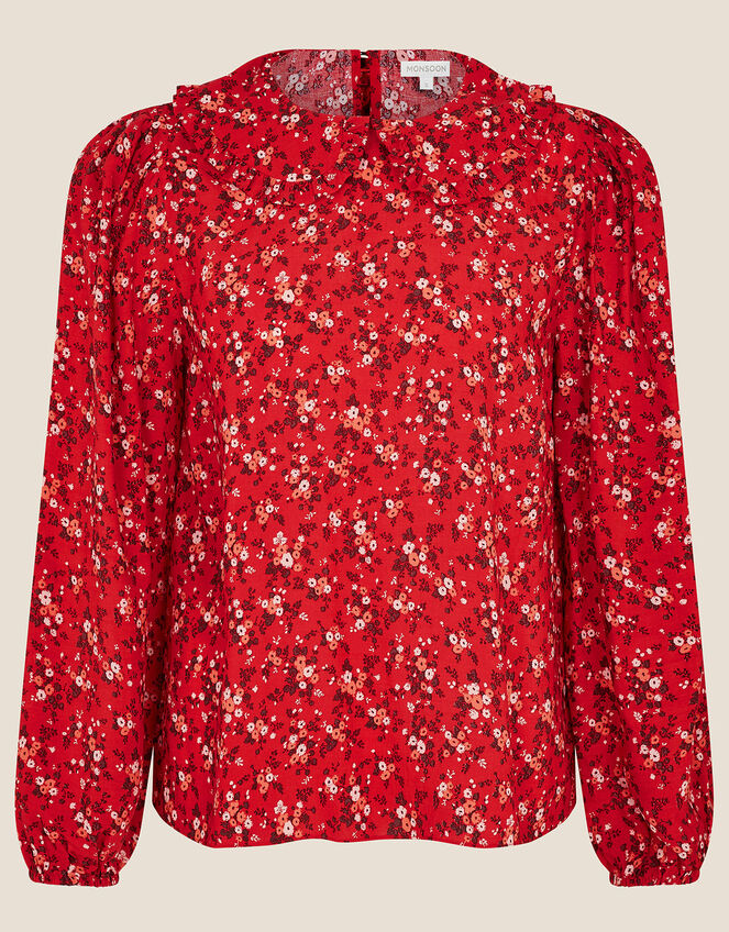 Frill Collar Ditsy Floral Blouse, Red (RED), large