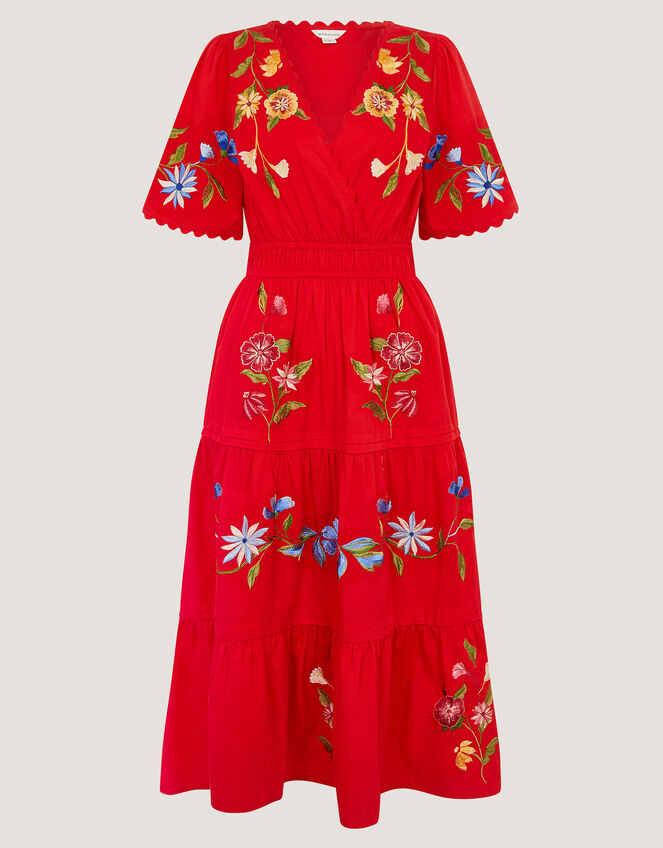 asos red embroidered dress ASOS DESIGN strappy rhinestone embellished crochet midi dress with  embroidered flowers in berry red