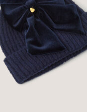 Velvet Bow Beanie Hat, Blue (NAVY), large