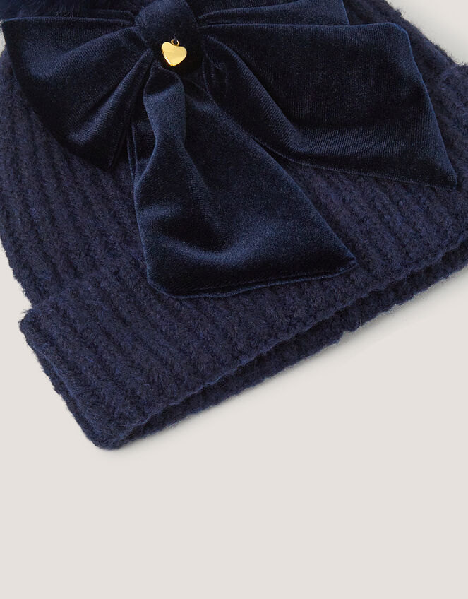 Velvet Bow Beanie Hat, Blue (NAVY), large
