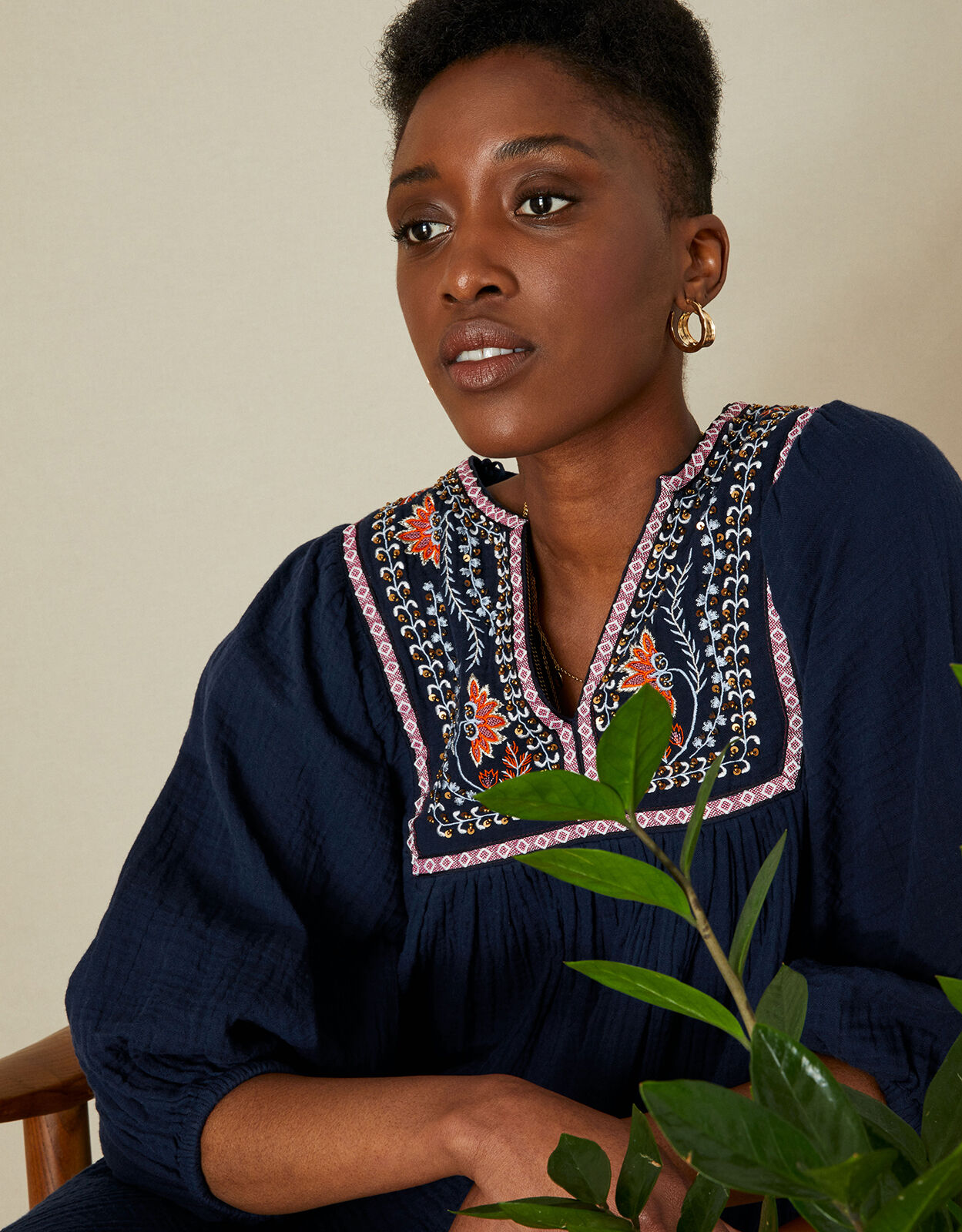 Double Faced Embellished Smock Dress in Sustainable Cotton Blue