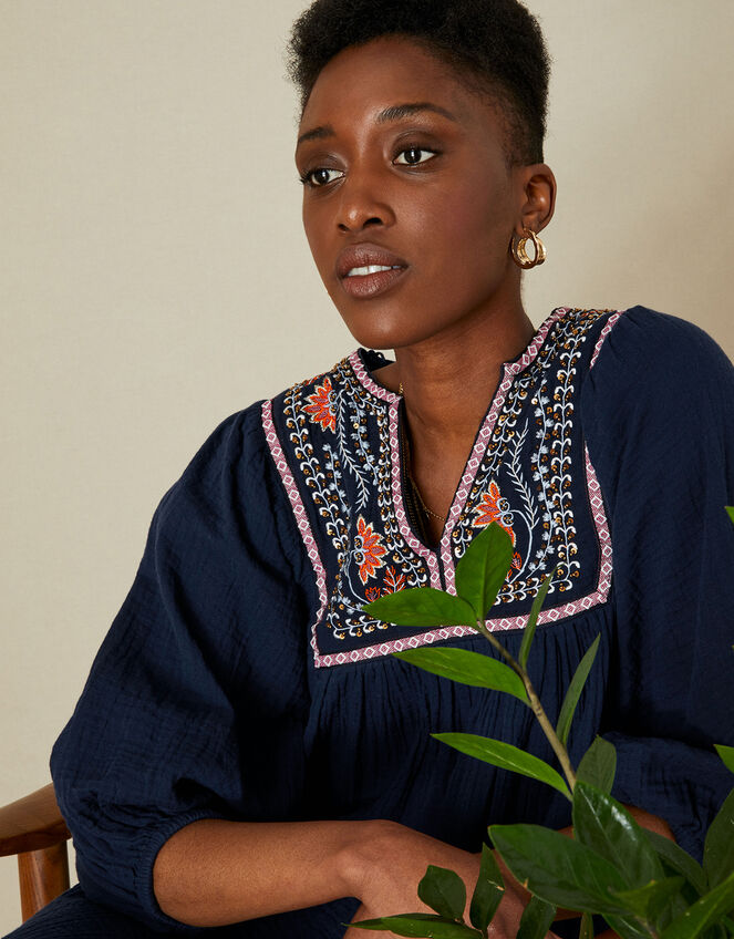 Double Faced Embellished Smock Dress in Sustainable Cotton, Blue (NAVY), large