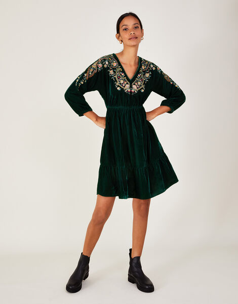 Velvet Embroidered Paisley Paget Dress, Green (GREEN), large