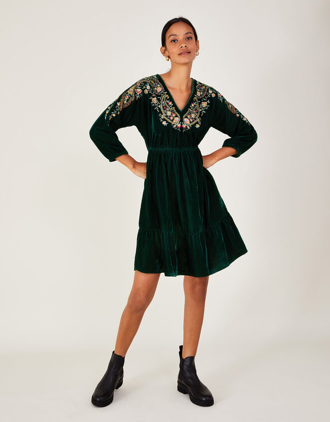 Velvet Embroidered Paisley Paget Dress, Green (GREEN), large