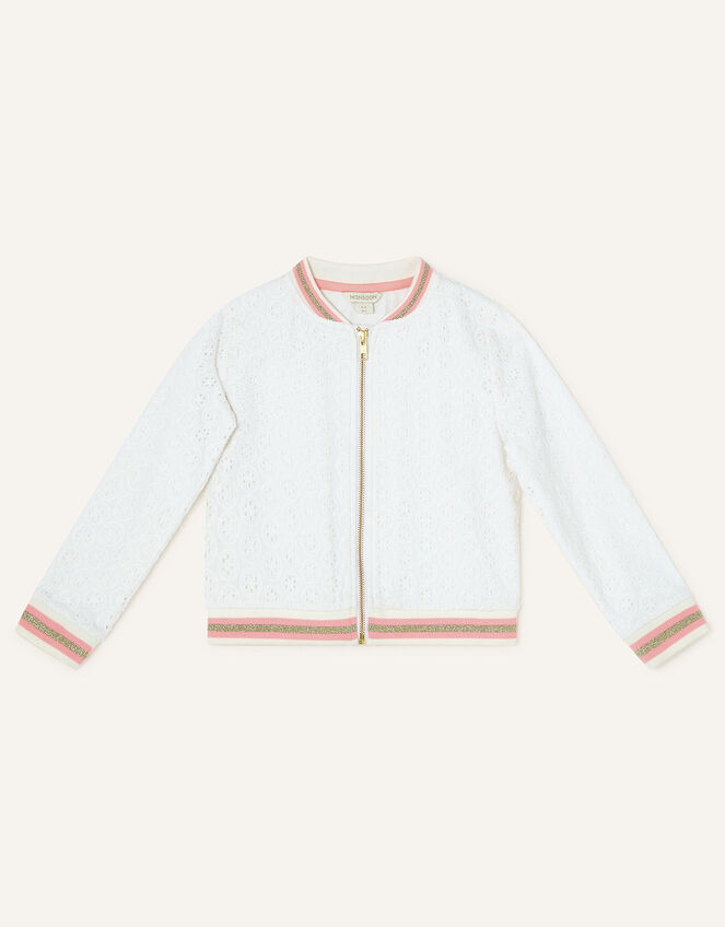 Broderie Bomber Jacket in Sustainable Cotton, White (WHITE), large