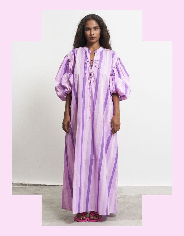 Par & Escala Tere Puff Sleeve Stripe Maxi Dress, Pink (PINK), large